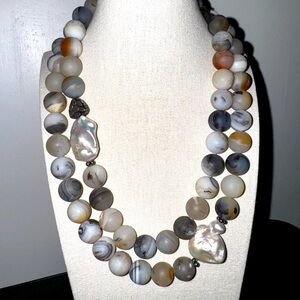 Freshwater Pearl and Unknown Natural Stone Sterling Silver Necklace